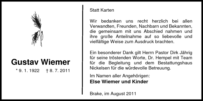  Traueranzeige für Gustav Wiemer vom 05.08.2011 aus Nordwest-Zeitung