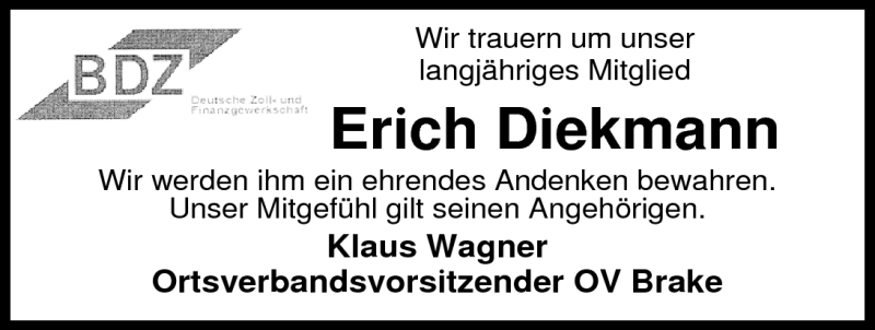  Traueranzeige für Erich Diekmann vom 06.08.2011 aus Nordwest-Zeitung