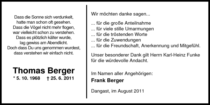  Traueranzeige für Thomas Berger vom 10.08.2011 aus Nordwest-Zeitung
