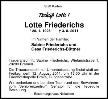 Traueranzeige von Lotte Friederichs von Nordwest-Zeitung