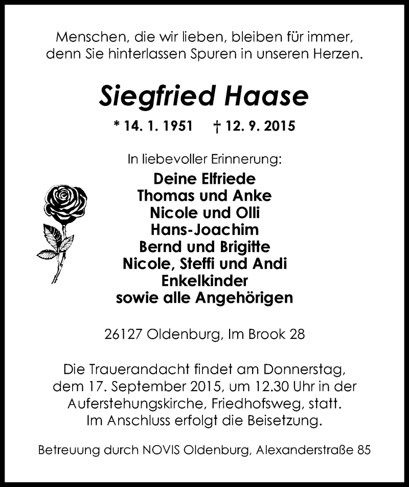  Traueranzeige für Siegfried Haase vom 15.09.2015 aus Nordwest-Zeitung