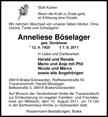 Traueranzeige von Anneliese Böselager von Nordwest-Zeitung