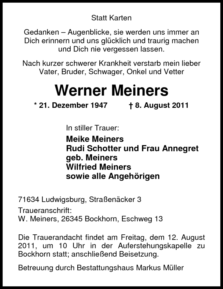  Traueranzeige für Werner Meiners vom 10.08.2011 aus Nordwest-Zeitung