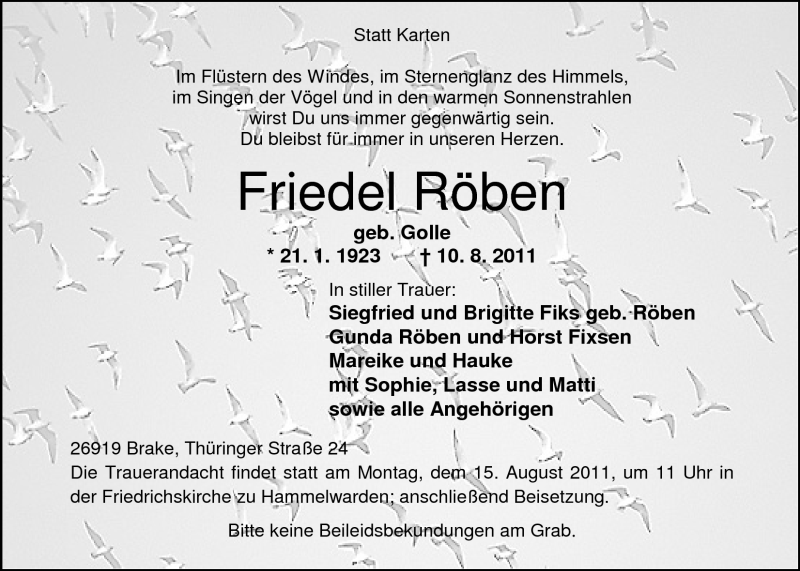  Traueranzeige für Friedel Röben vom 11.08.2011 aus Nordwest-Zeitung