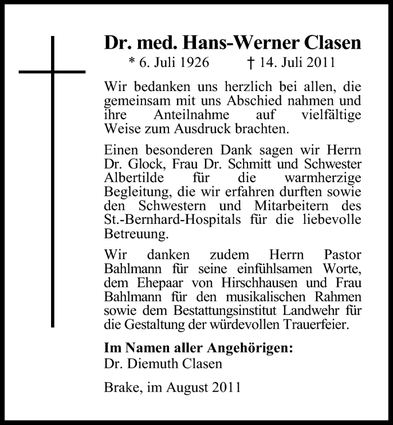  Traueranzeige für Dr. Hans-Werner Clasen vom 17.08.2011 aus Nordwest-Zeitung