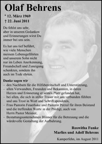Traueranzeige von Olaf Behrens von Nordwest-Zeitung