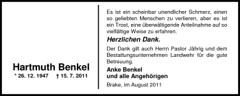 Traueranzeige von Hartmuth Benkel von Nordwest-Zeitung