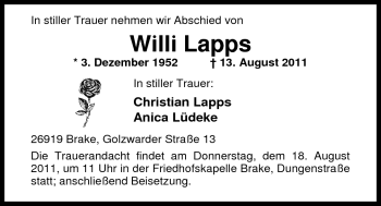 Traueranzeige von Willi Lapps von Nordwest-Zeitung