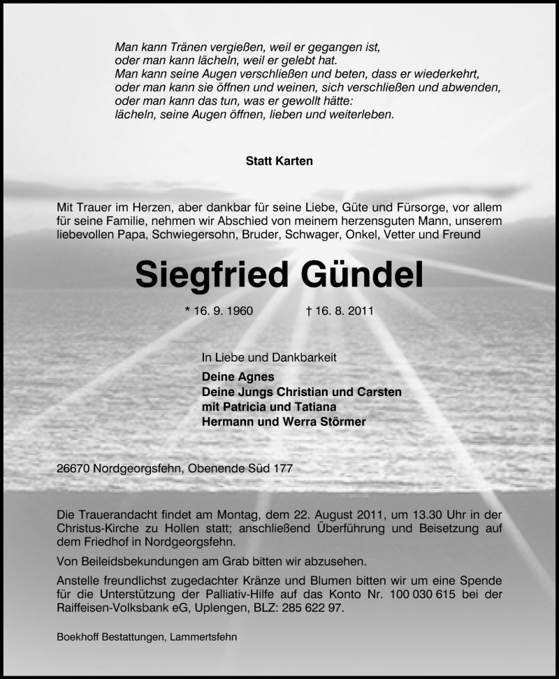  Traueranzeige für Siegfried Gündel vom 18.08.2011 aus Nordwest-Zeitung