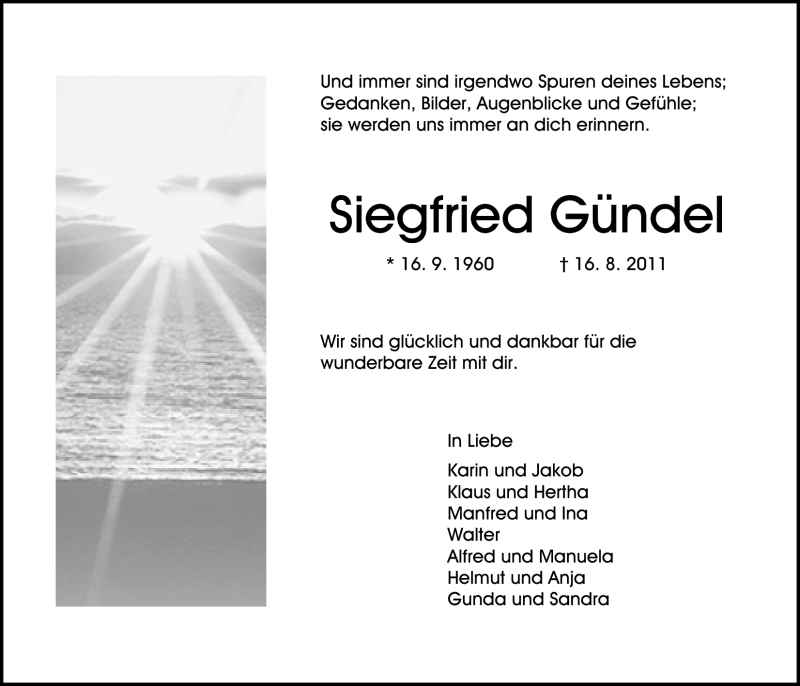  Traueranzeige für Siegfried Gündel vom 18.08.2011 aus Nordwest-Zeitung