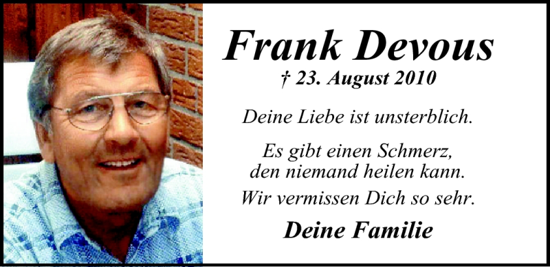  Traueranzeige für Frank Devous vom 23.08.2011 aus Nordwest-Zeitung
