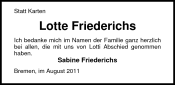 Traueranzeige von Lotte Friederichs von Nordwest-Zeitung