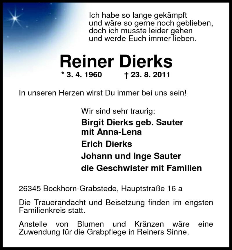  Traueranzeige für Reiner Dierks vom 25.08.2011 aus Nordwest-Zeitung