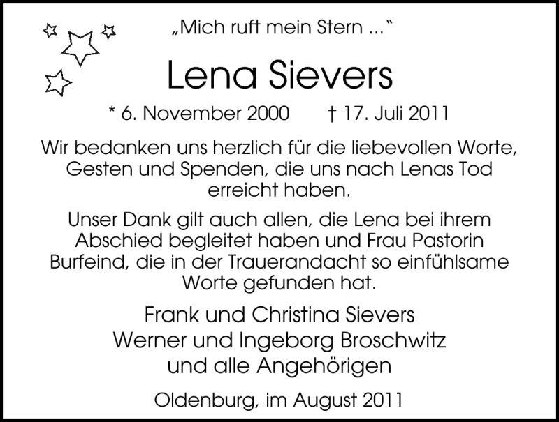  Traueranzeige für Lena Sievers vom 27.08.2011 aus Nordwest-Zeitung