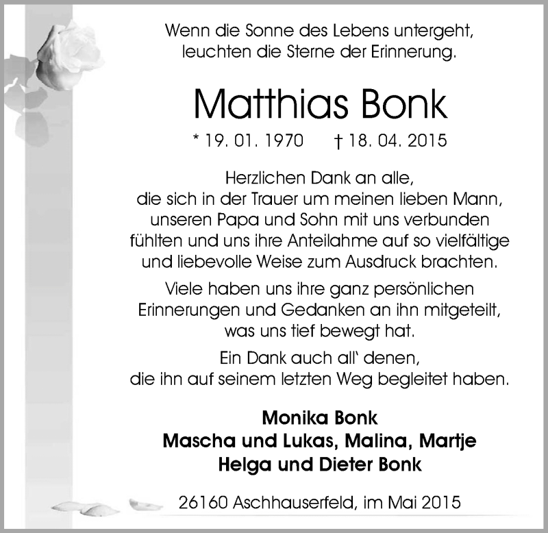  Traueranzeige für Matthias Bonk vom 29.05.2015 aus Nordwest-Zeitung