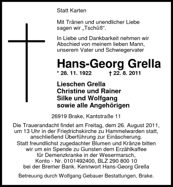 Traueranzeige von Hans-Georg Grella von Nordwest-Zeitung