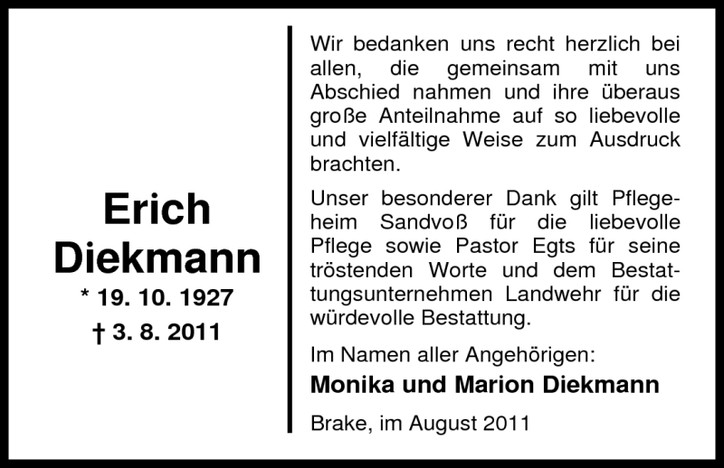 Traueranzeige für Erich Diekmann vom 27.08.2011 aus Nordwest-Zeitung