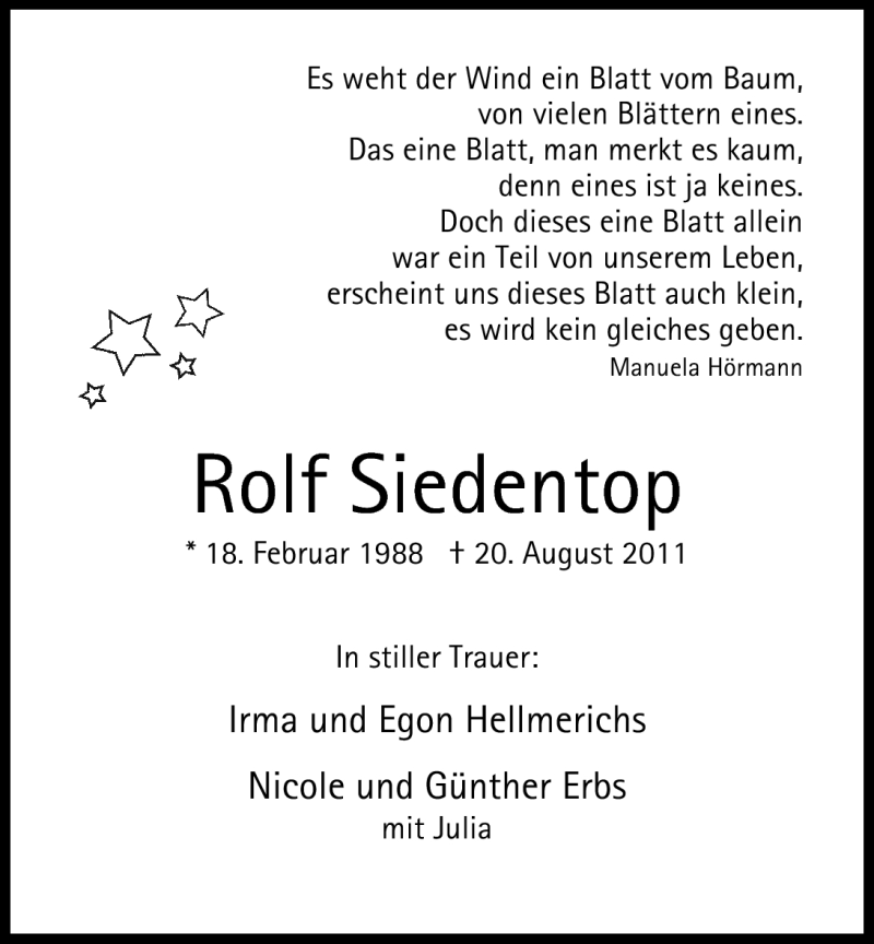  Traueranzeige für Rolf Siedentop vom 24.08.2011 aus Nordwest-Zeitung