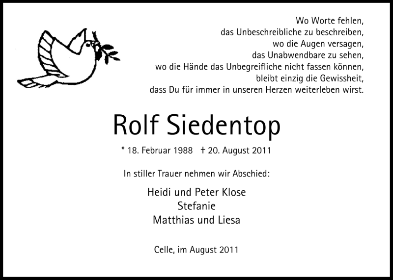  Traueranzeige für Rolf Siedentop vom 24.08.2011 aus Nordwest-Zeitung