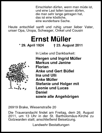 Traueranzeige von Ernst Müller von Nordwest-Zeitung