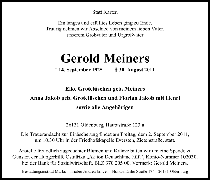  Traueranzeige für Gerold Meiners vom 31.08.2011 aus Nordwest-Zeitung
