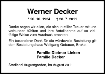 Traueranzeige von Werner Decker von Nordwest-Zeitung