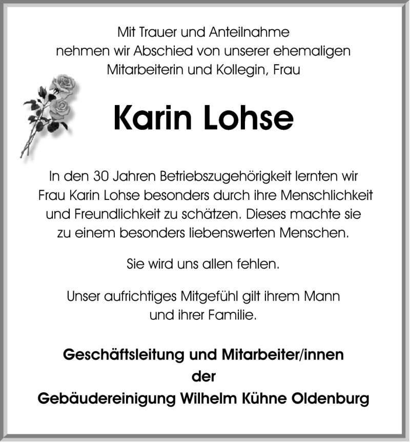  Traueranzeige für Karin Lohse vom 03.09.2011 aus Nordwest-Zeitung