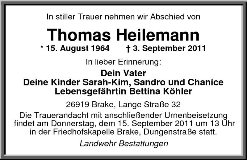  Traueranzeige für Thomas Heilemann vom 10.09.2011 aus Nordwest-Zeitung