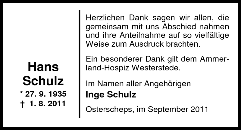 Traueranzeige für Hans Schulz vom 10.09.2011 aus Nordwest-Zeitung