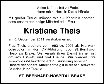 Traueranzeige von Kristiane Theis von Nordwest-Zeitung