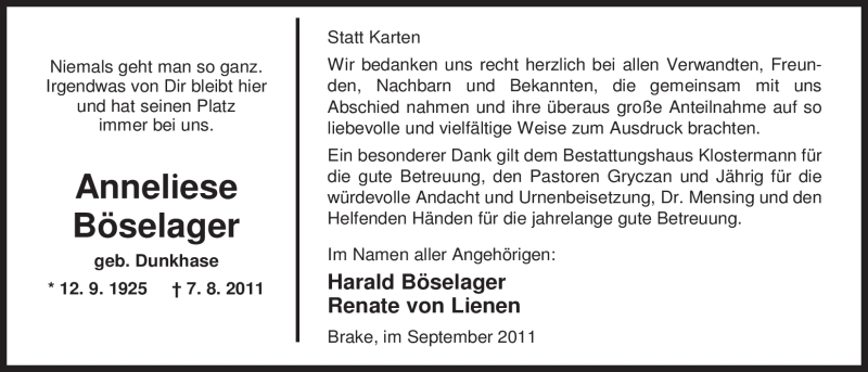  Traueranzeige für Anneliese Böselager vom 12.09.2011 aus Nordwest-Zeitung