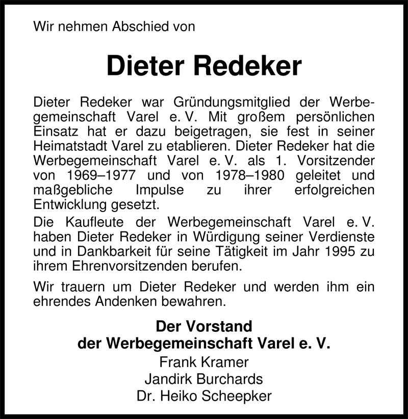  Traueranzeige für Dieter Redeker vom 04.02.2009 aus Nordwest-Zeitung