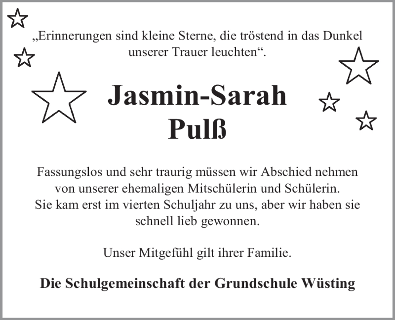  Traueranzeige für Jasmin-Sarah Pulß vom 13.09.2011 aus Nordwest-Zeitung