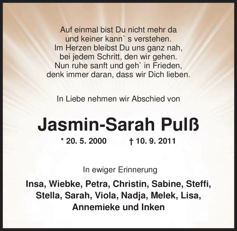  Traueranzeige für Jasmin-Sarah Pulß vom 16.09.2011 aus Nordwest-Zeitung