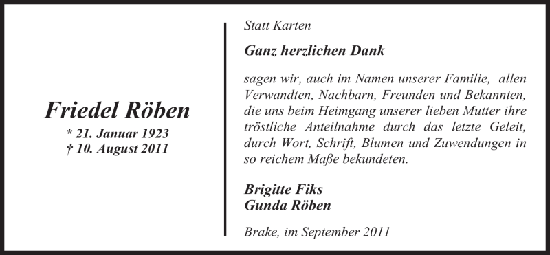  Traueranzeige für Friedel Röben vom 20.09.2011 aus Nordwest-Zeitung