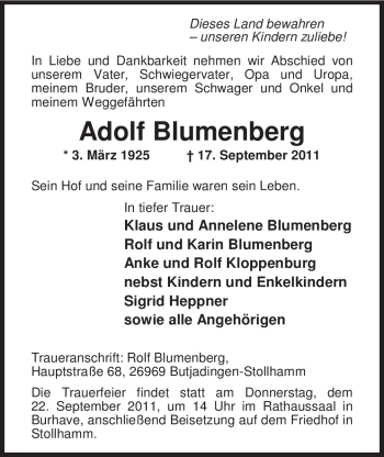Traueranzeige von Adolf Blumenberg von Nordwest-Zeitung