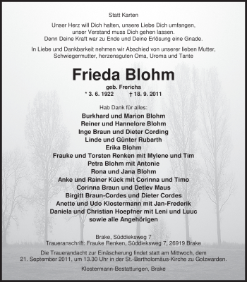 Traueranzeige von Frieda Blohm von Nordwest-Zeitung