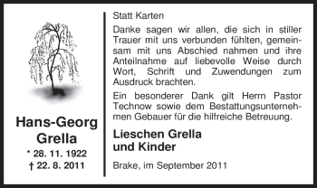 Traueranzeige von Hans-Georg Grella von Nordwest-Zeitung