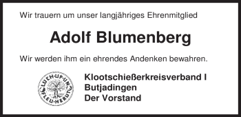 Traueranzeige von Adolf Blumenberg von Nordwest-Zeitung