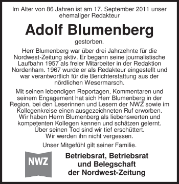Traueranzeige von Adolf Blumenberg von Nordwest-Zeitung
