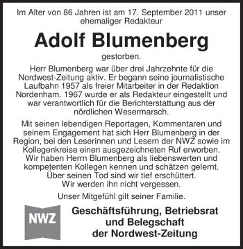 Traueranzeige von Adolf Blumenberg von Nordwest-Zeitung