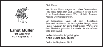 Traueranzeige von Ernst Müller von Nordwest-Zeitung