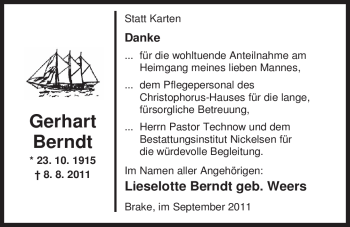 Traueranzeige von Gerhart Berndt von Nordwest-Zeitung