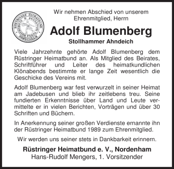 Traueranzeige von Adolf Blumenberg von Nordwest-Zeitung