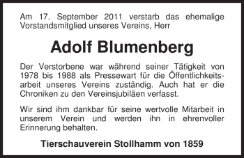 Traueranzeige von Adolf Blumenberg von Nordwest-Zeitung