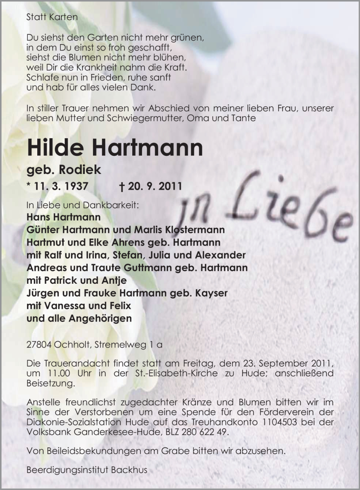  Traueranzeige für Hilde Hartmann vom 22.09.2011 aus Nordwest-Zeitung