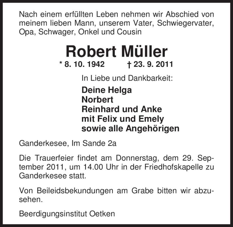  Traueranzeige für Robert Müller vom 26.09.2011 aus Nordwest-Zeitung