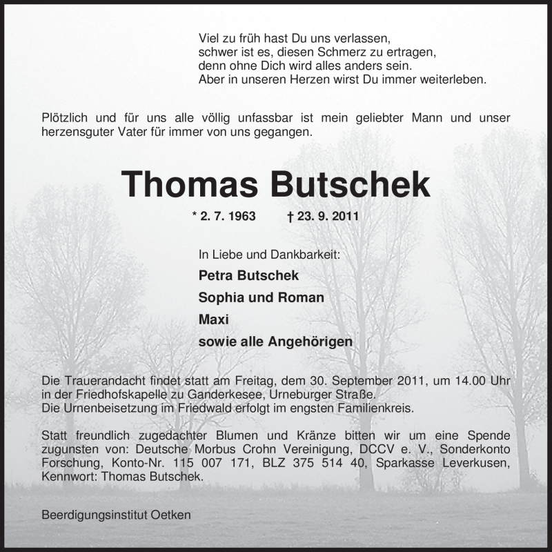  Traueranzeige für Thomas Butschek vom 26.09.2011 aus Nordwest-Zeitung