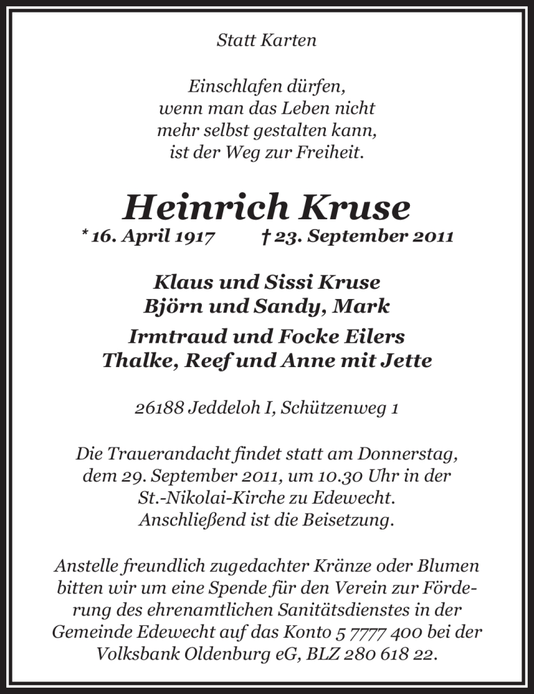  Traueranzeige für Heinrich Kruse vom 26.09.2011 aus Nordwest-Zeitung