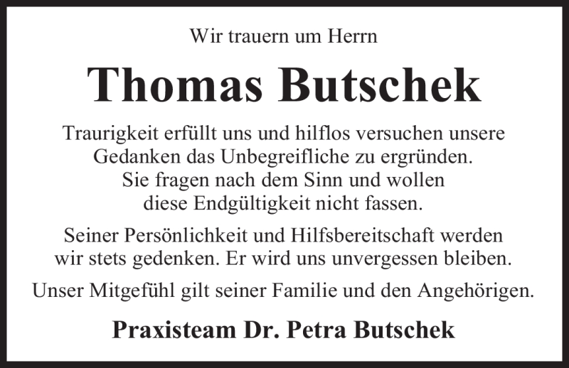  Traueranzeige für Thomas Butschek vom 27.09.2011 aus Nordwest-Zeitung